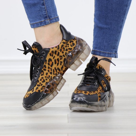 Animal Leopard Print Women's Fashion Chunky Heel Sneakers Shoes - Picture 11 of 15